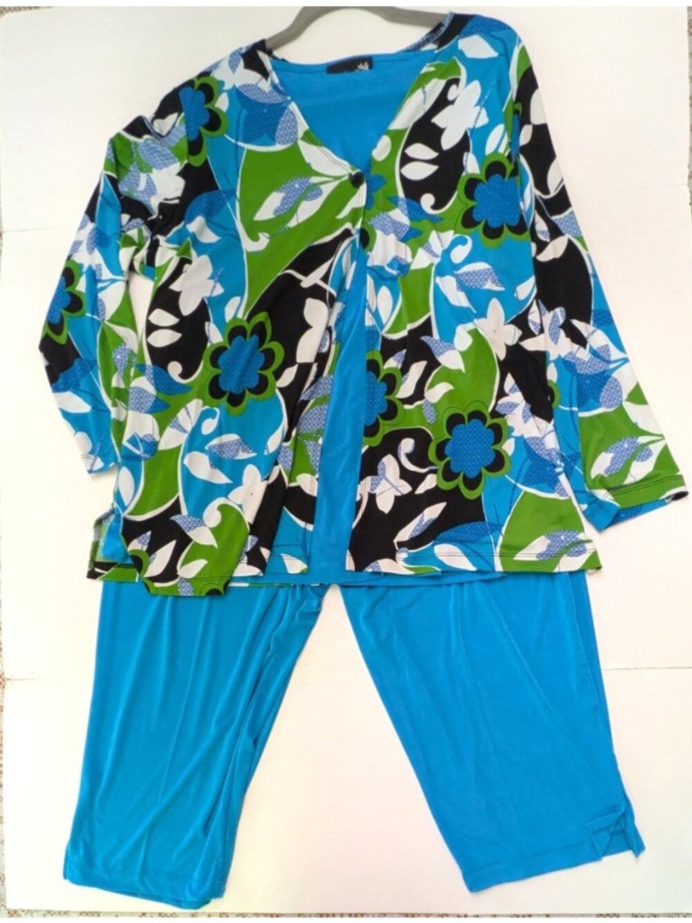 CSC Studio 3 Pc Set Top Pull On Pants Cardigan Size XL Teal Green Black Floral